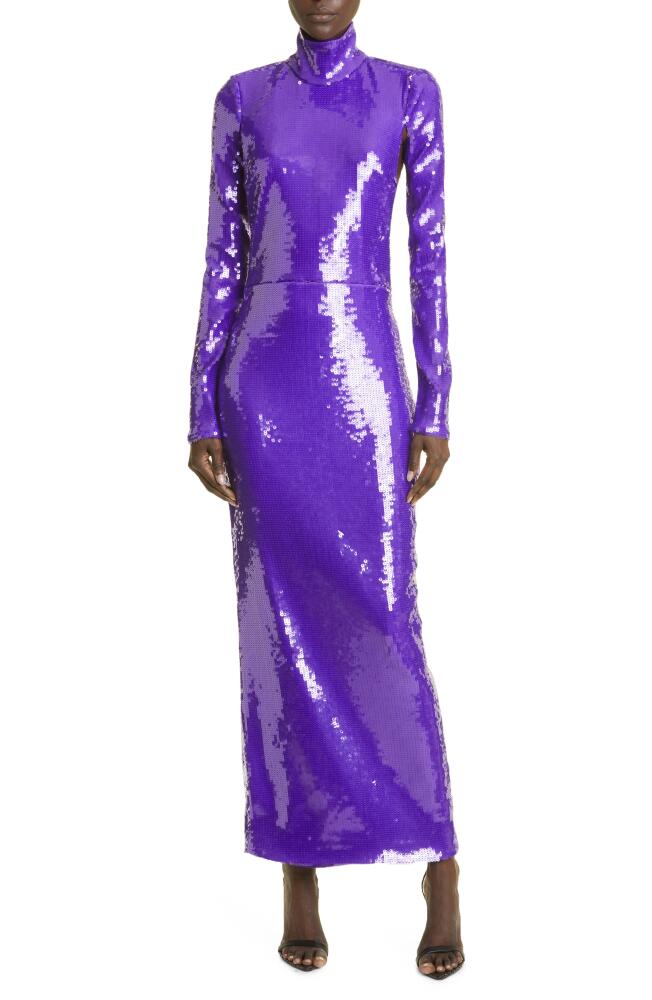 LaQuan Smith Sequin Mock Neck Long Sleeve Cutout Column Gown in Grape Cover