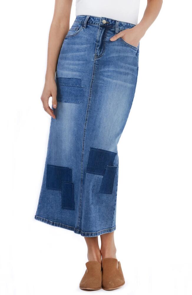 Wash Lab Denim Retro Patchwork Denim Midi Skirt in Patch Blue Cover