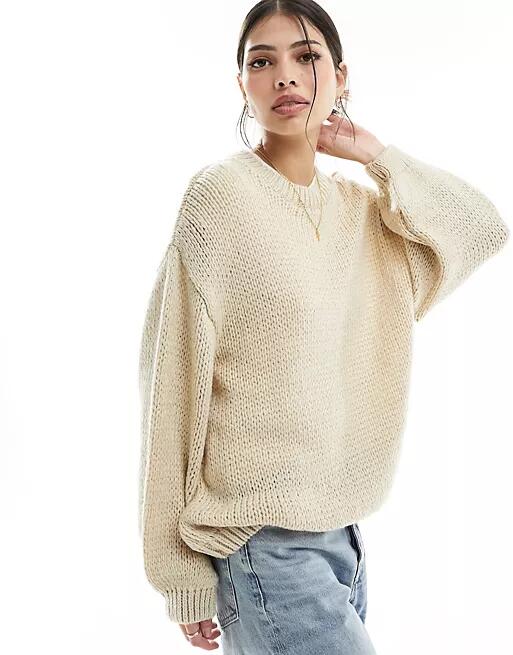 ASOS DESIGN oversized crew neck sweater with balloon sleeves in stone-Neutral Cover