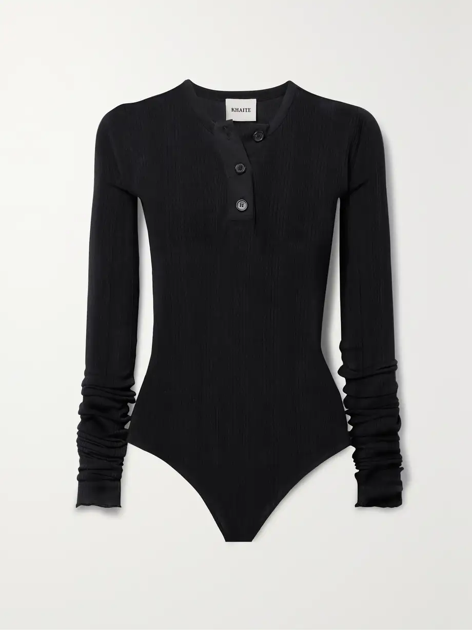 KHAITE - Janelle Ribbed Cotton-blend Thong Bodysuit - Black Cover