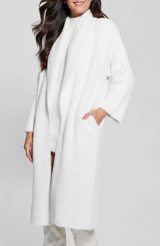 GUESS Vero Fuzzy Shawl Collar Longline Cardigan in Dove White Cover