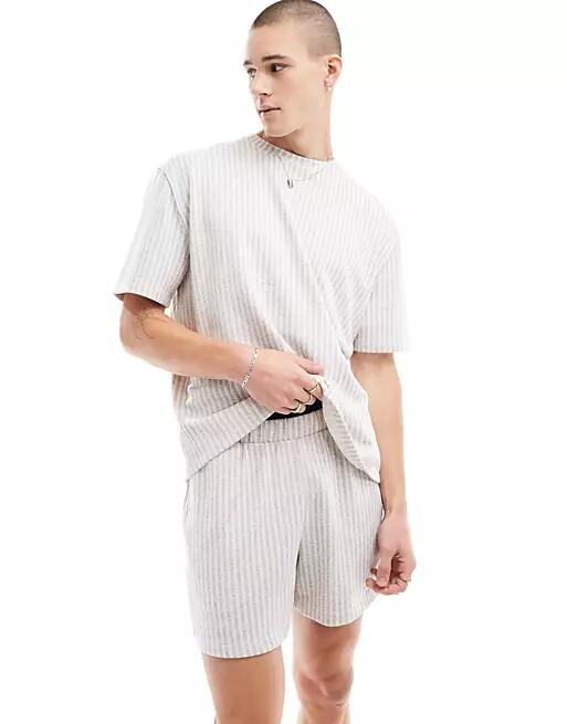 ASOS DESIGN ribbed T-shirt and shorts lounge set in beige stripe-Neutral Cover