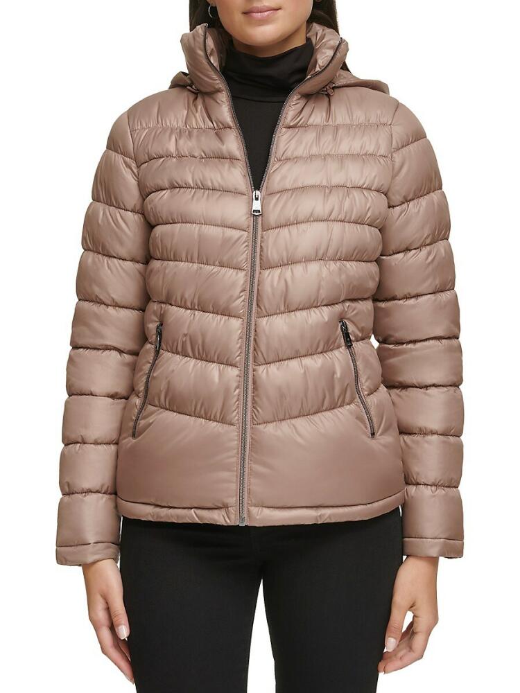 Kenneth Cole Women's Zip Puffer Hooded Jacket - Tan Cover