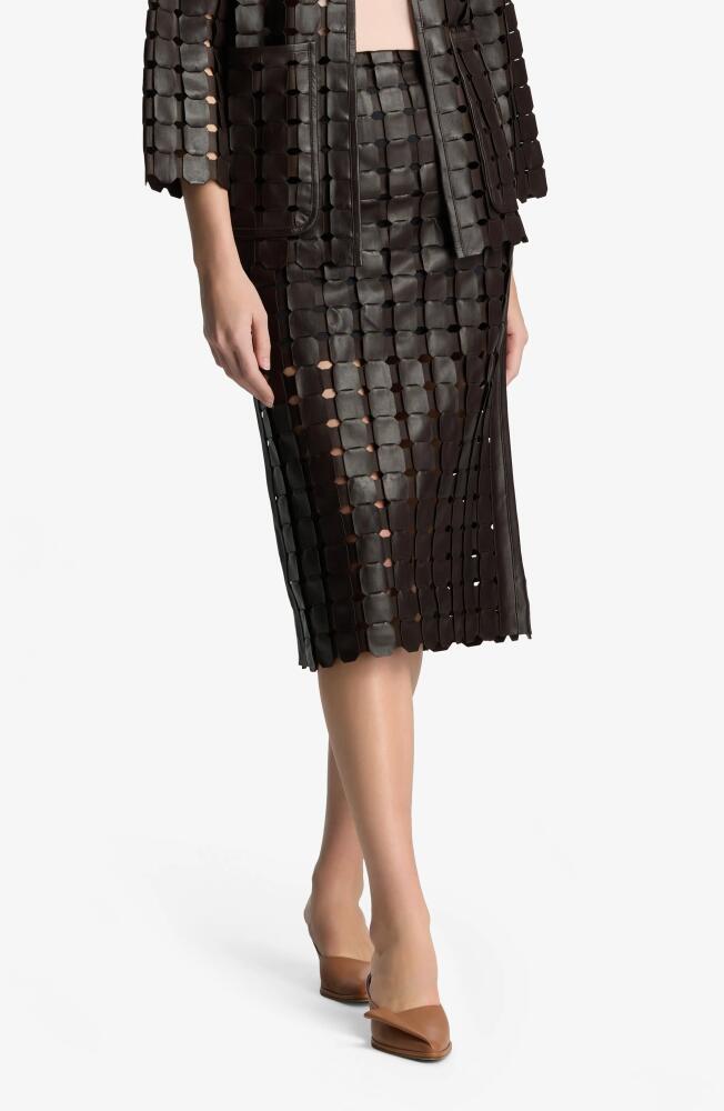 St. John Collection Geometric Woven Leather Skirt in Mocha Cover