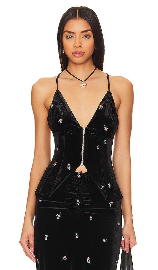 WeWoreWhat Embroidered Velvet Peplum Corset in Black Cover