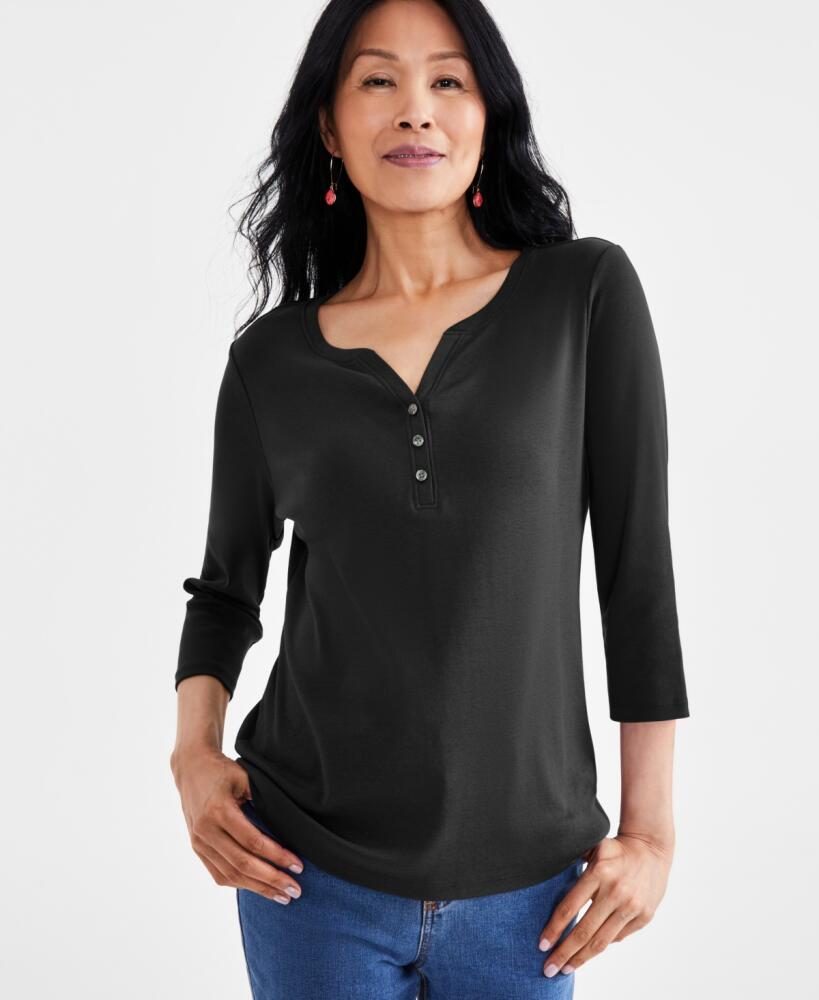 Style & Co Women's Cotton 3/4-Sleeve Henley Tee, Created for Macy's - Deep Black Cover