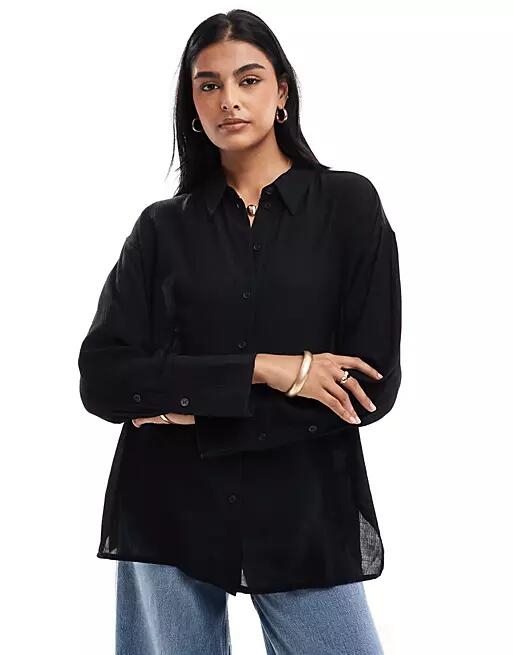 Bershka oversized crinkle shirt in black Cover