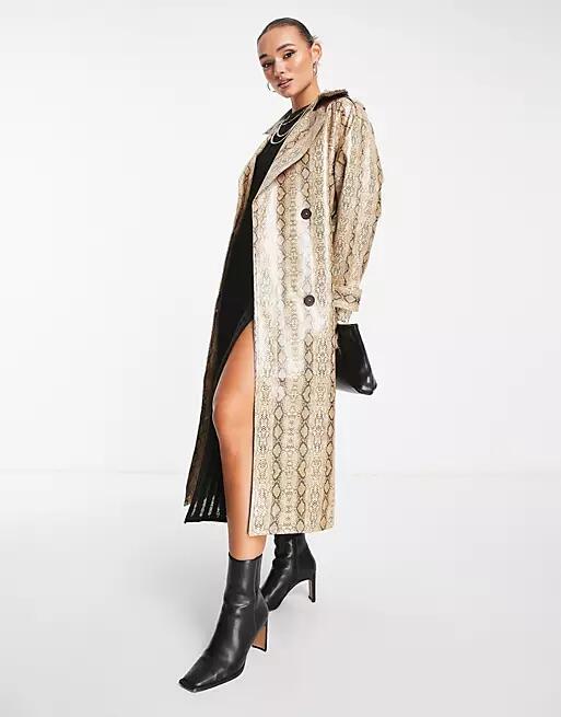 ASOS DESIGN snake print trench coat in tan-Neutral Cover