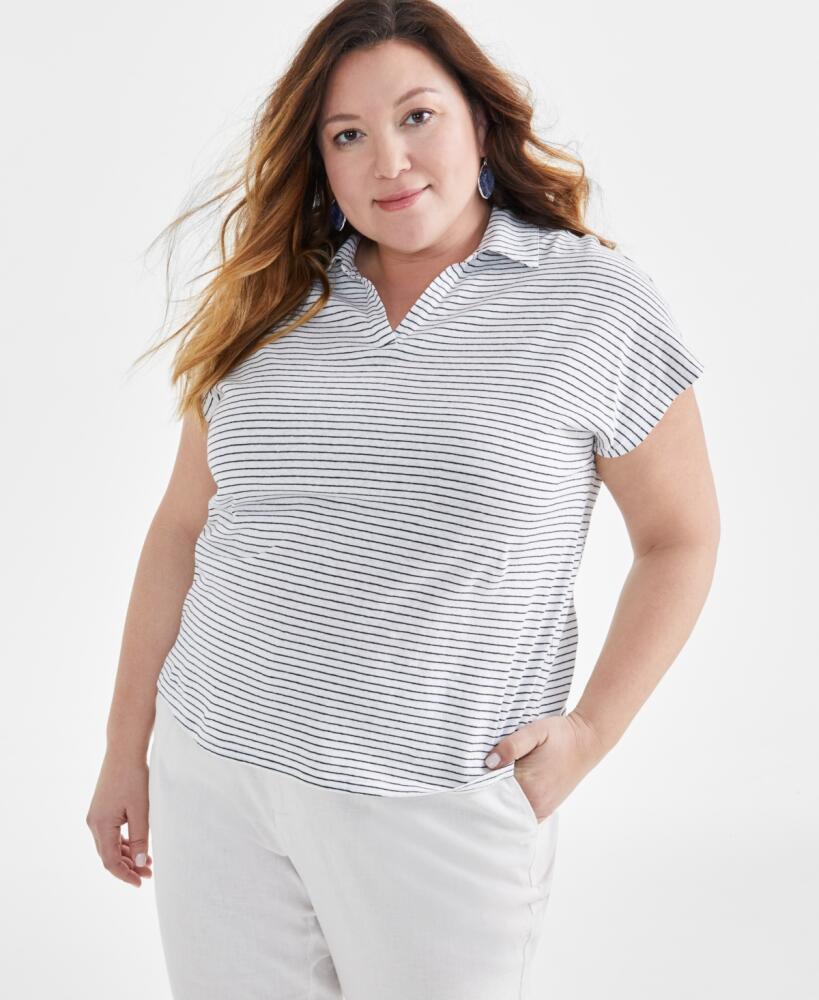 Style & Co Plus Size Stripe Linen Blend Polo T-Shirt, Created for Macy's - Stripe Shitake Cover