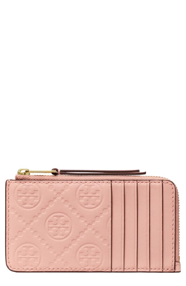 Tory Burch T Monogram Debossed Zip Card Case in Blush Cover