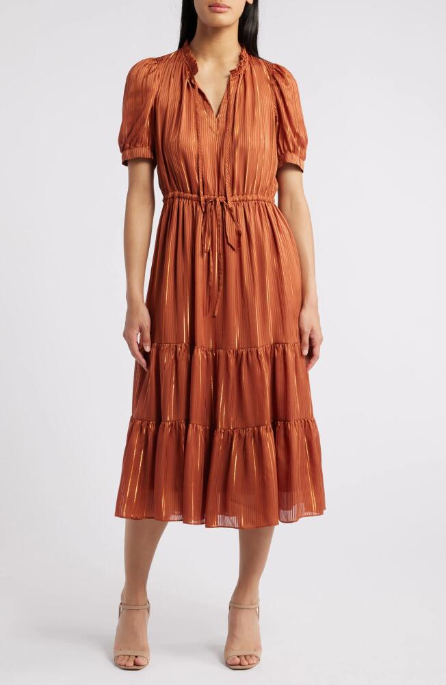 Julia Jordan Metallic Stripe Tiered Midi Dress in Rust Cover