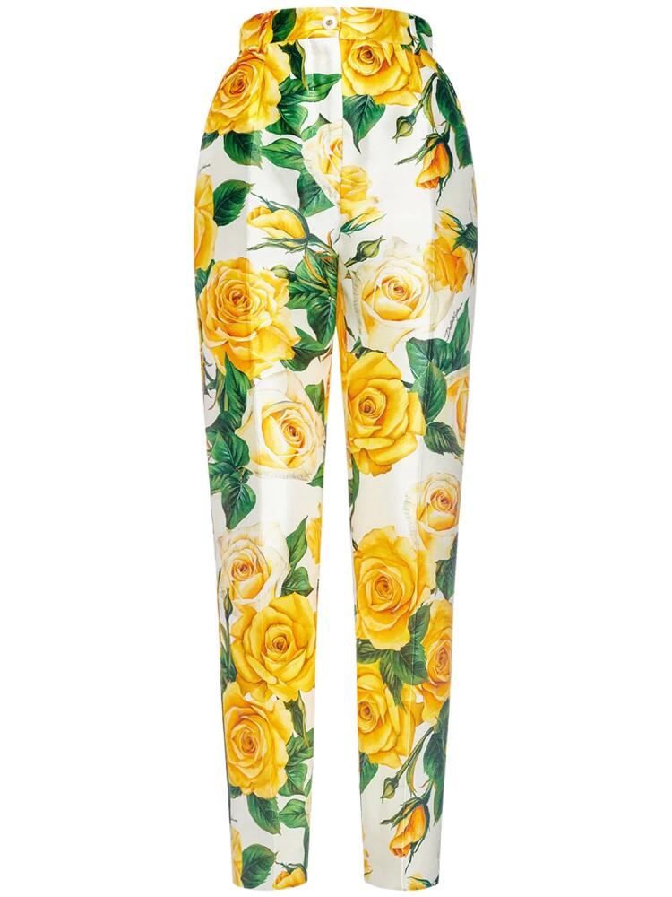 DOLCE & GABBANA Silk Mikado Rose Print Straight Pant Cover