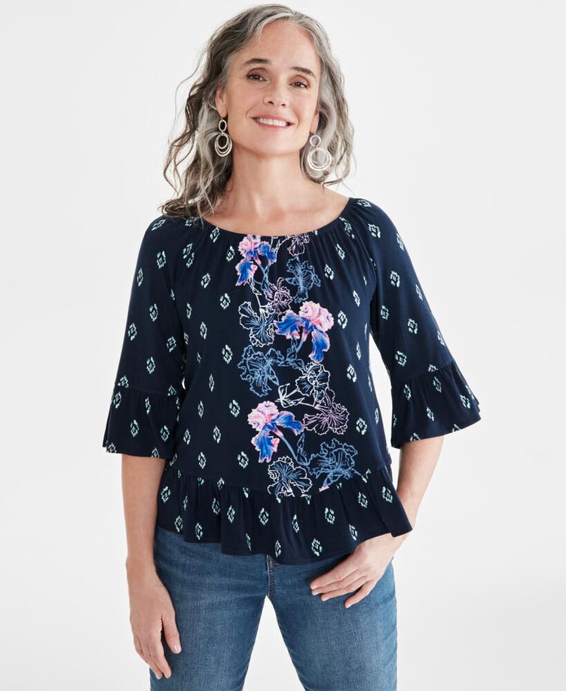 Style & Co Petite Gigi Runway Printed On Off Shoulder Top, Created for Macy's - Gigi Rnwy Blue Cover