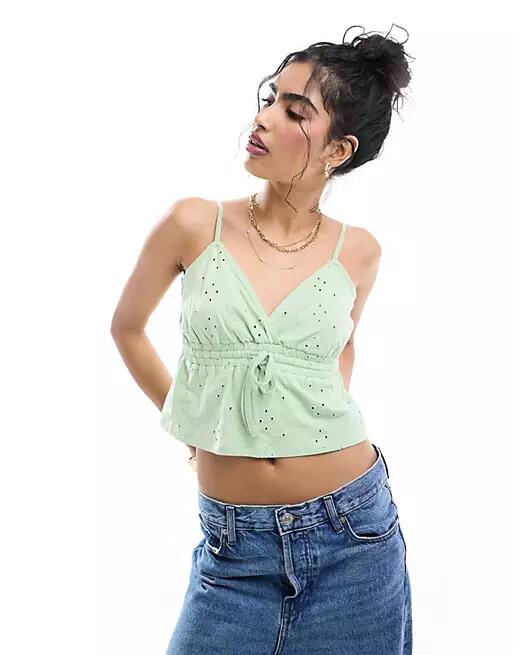 ASOS DESIGN broderie babydoll cami top in sage-Multi Cover