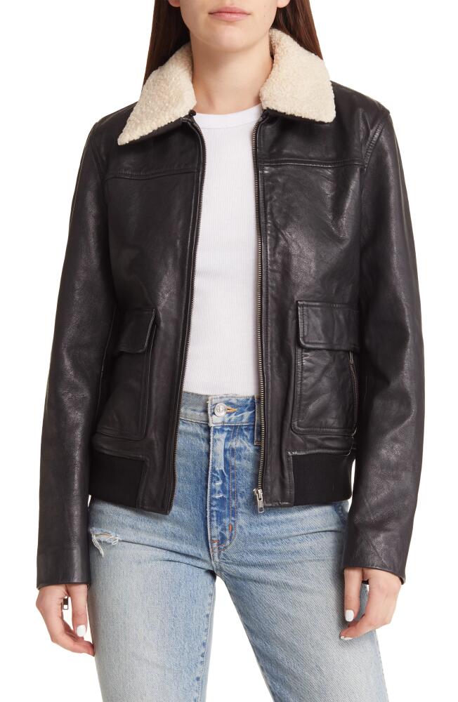 Treasure & Bond Leather Bomber Jacket with Removable Faux Shearling Trim in Black Cover