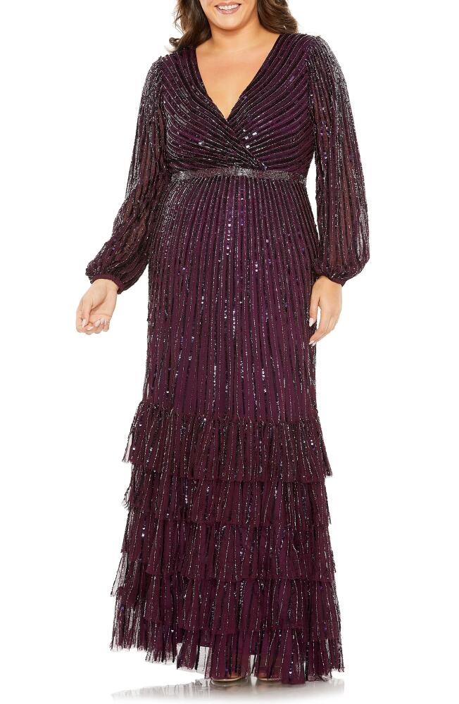 FABULOUSS BY MAC DUGGAL Beaded Long Sleeve Wrap Front Gown in Blackberry Cover