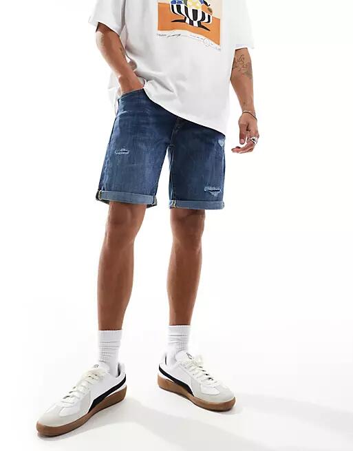 Jack & Jones denim shorts in mid blue with rips Cover