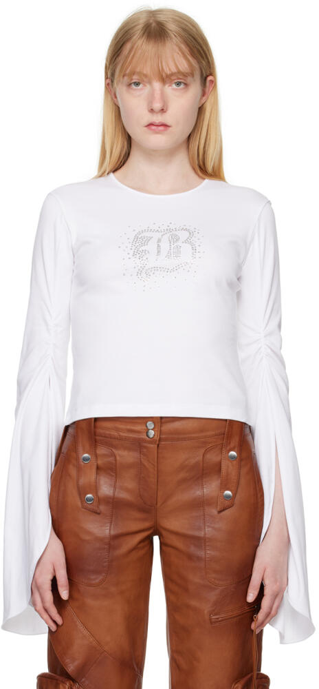 Blumarine White Crystal-Cut Long Sleeve T-Shirt Cover