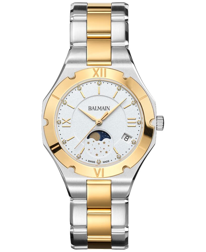 Balmain Women's Swiss Be Balmain Moonphase Diamond (1/20 ct. t.w.) Two-Tone Stainless Steel Bracelet Watch 33mm - Silver/yellow Cover