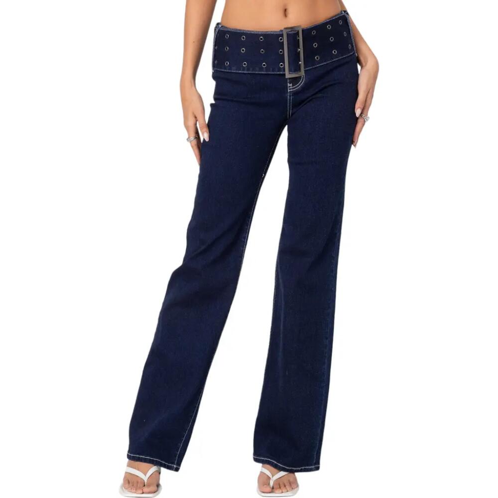 EDIKTED Belted Flare Jeans in Indigo-Blue-Raw-Wash Cover