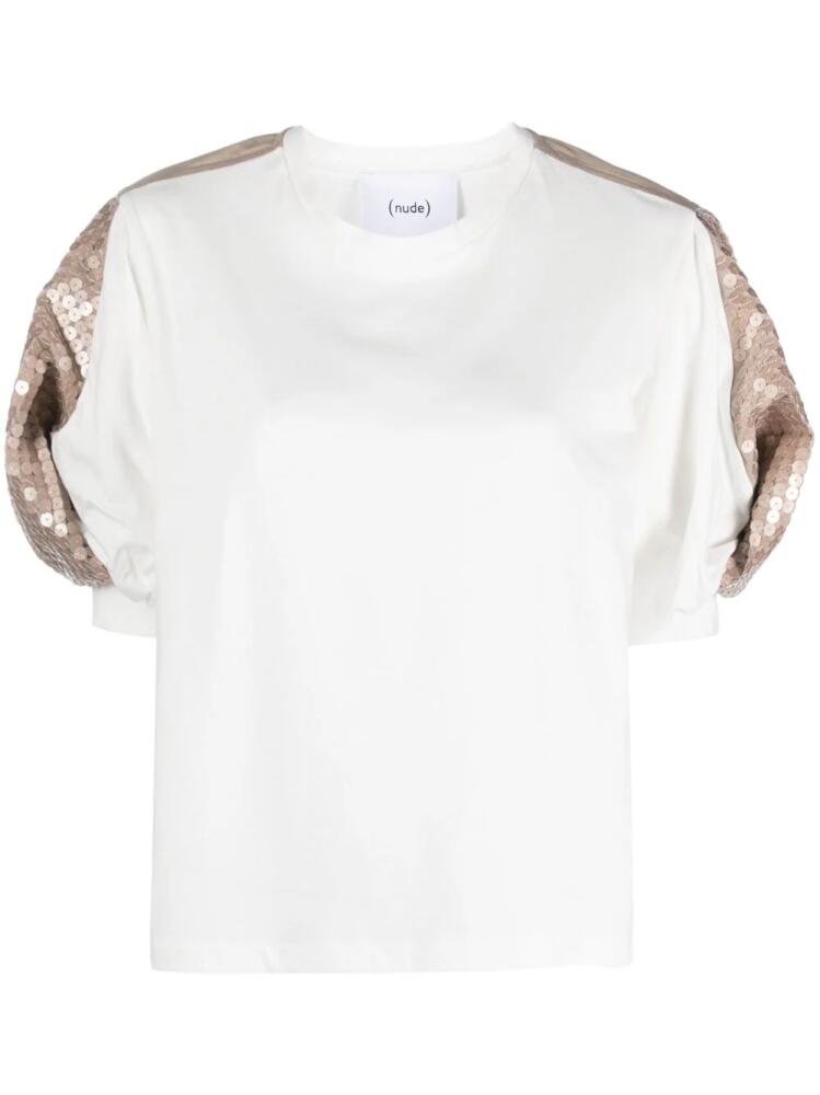 Nude puff-sleeves sequin-embellished T-shirt - White Cover