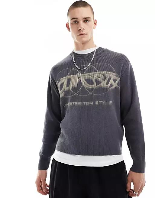 Bershka ribbed graphic sweater in charcoal-Gray Cover