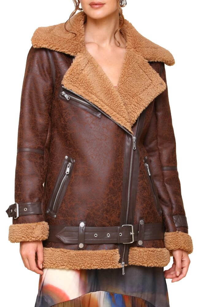 Avec Les Filles Faux Shearling Biker Jacket in Luggage Cover