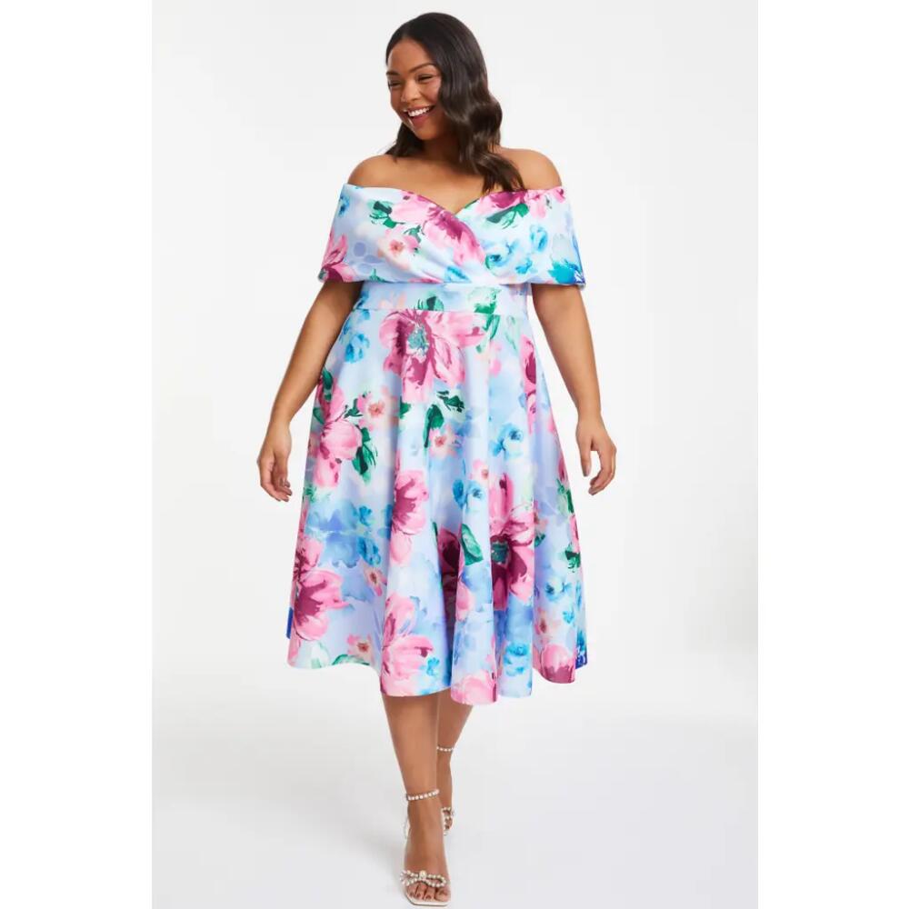 QUIZ Plus Size Scuba Floral Bardot Skater Midi Dress in Blue Cover