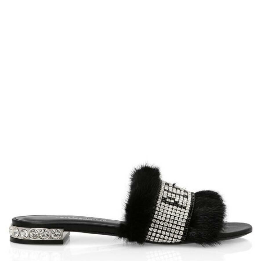 Philipp Plein Black Luxury Mink Fur Slider Sandals Cover