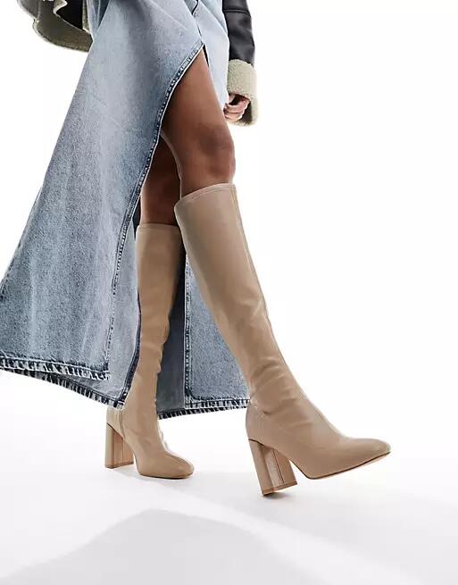 London Rebel knee high sock boots in beige-Neutral Cover