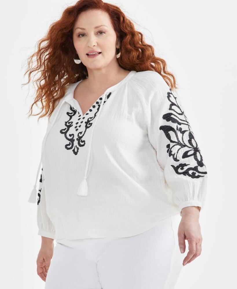 Style & Co Plus Size Tie Neck Cotton Peasant Blouse, Created for Macy's - Desert Shiitake Cover