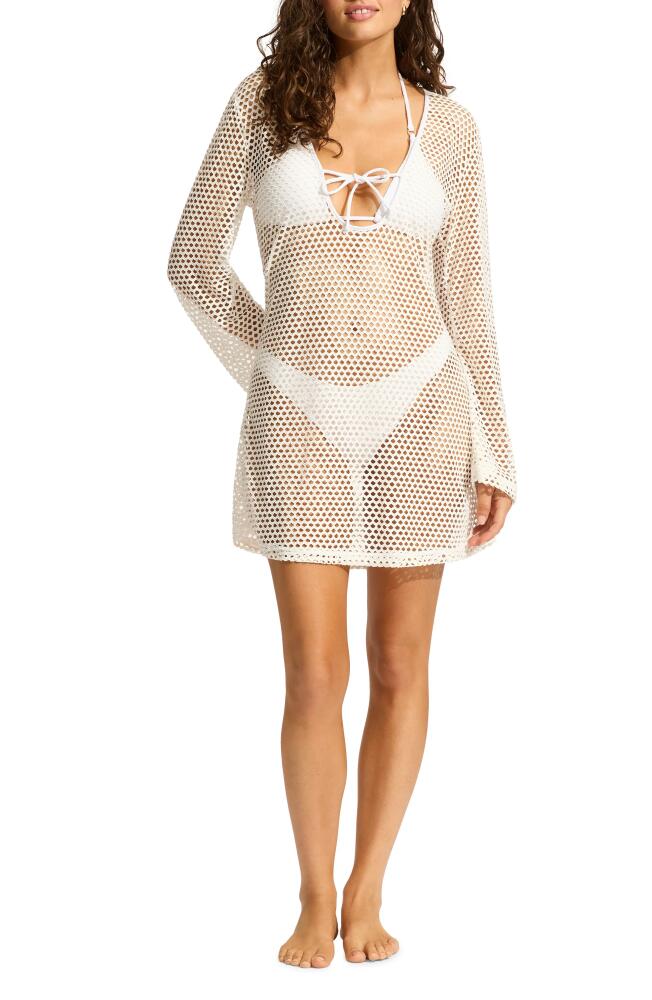 Seafolly Mesh Effect Long Sleeve Cover-Up Dress in White Cover