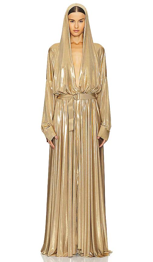 Norma Kamali Hooded Super Shirt Flared Gown in Metallic Gold Cover