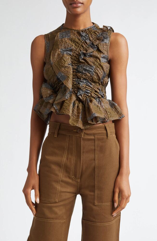 Cecilie Bahnsen Geo Gingham Jacquard Ruffle Top in Brown Cover