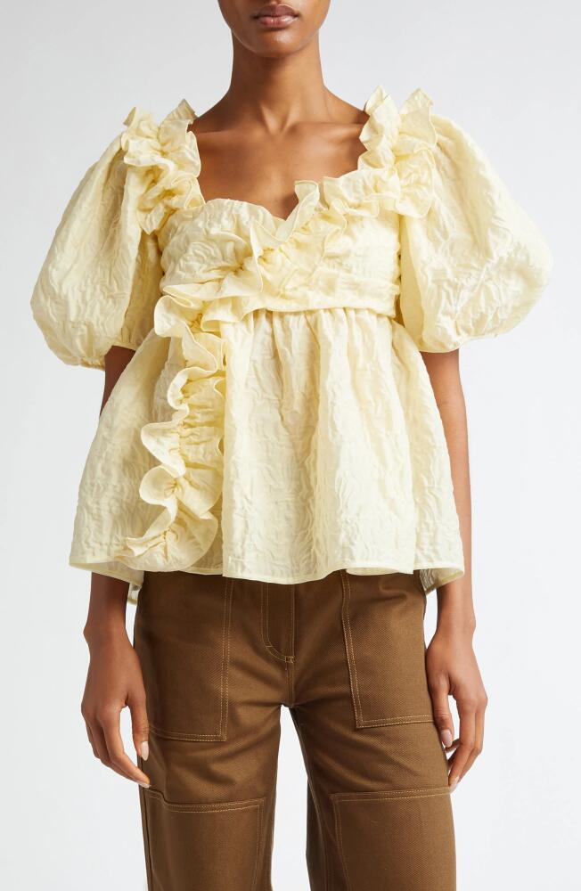 Cecilie Bahnsen Oriana Ruffle Trim Posy Matelassé Babydoll Top in Soft Yellow Cover