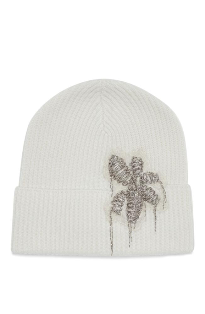 Brunello Cucinelli Cashmere rib knit beanie with precious flower crest in White Cover