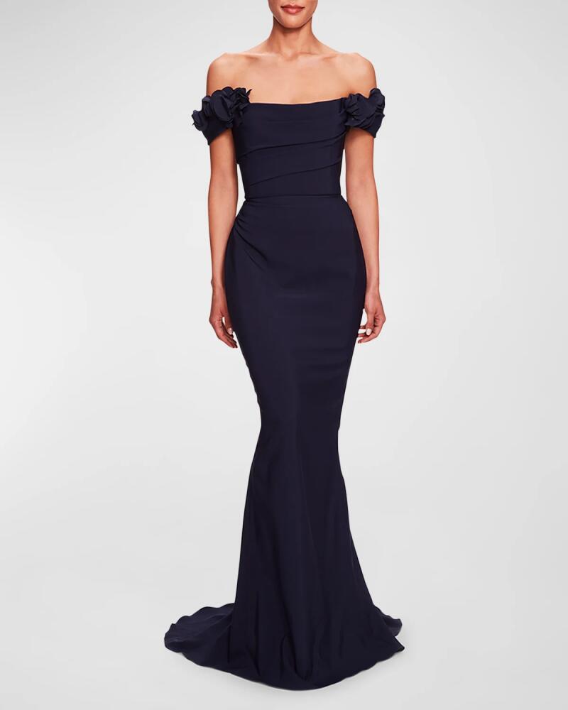 Marchesa Flower-Applique Off-The-Shoulder Stretch Crepe Gown Cover