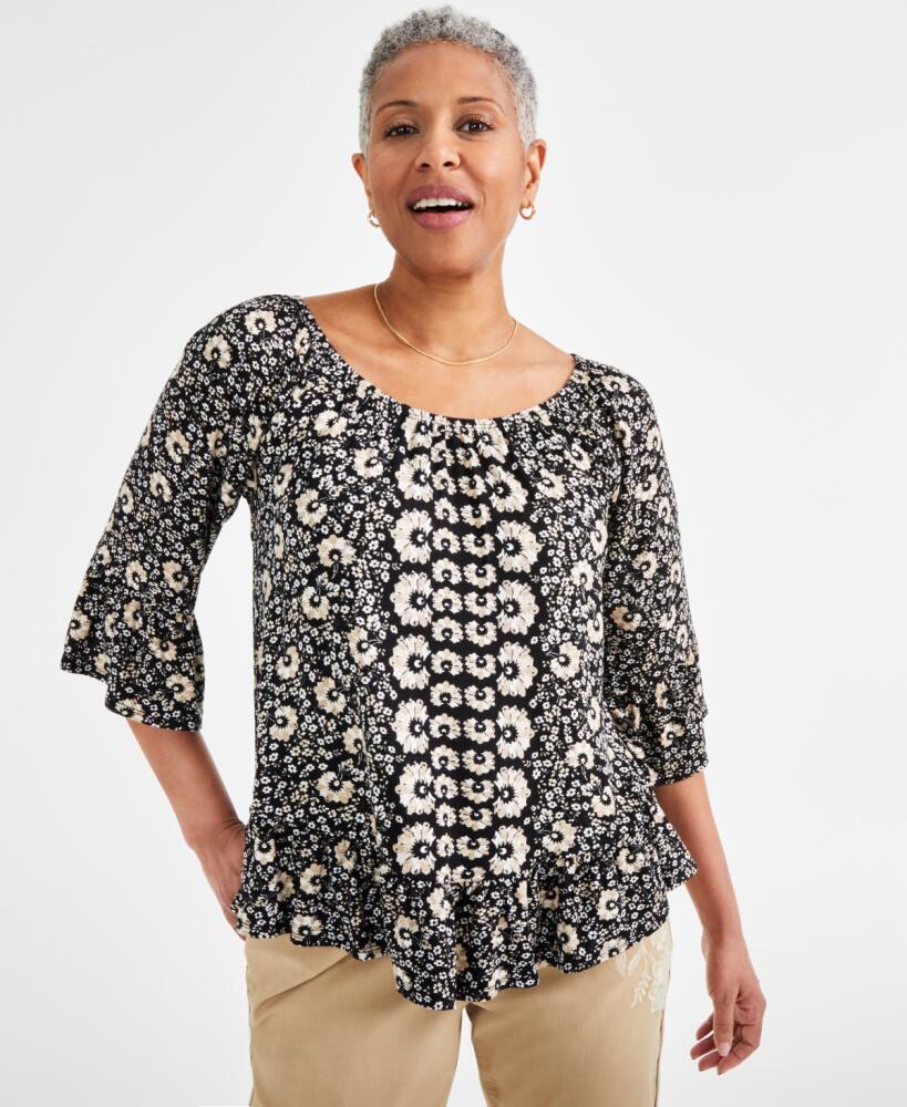 Style & Co Women's Printed On-Off Ruffle Sleeve Top, Created for Macy's - Black Runway Cover