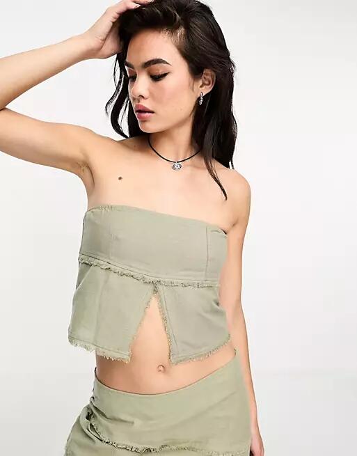 Motel bandeau canvas split detail crop top in slate green - part of a set Cover