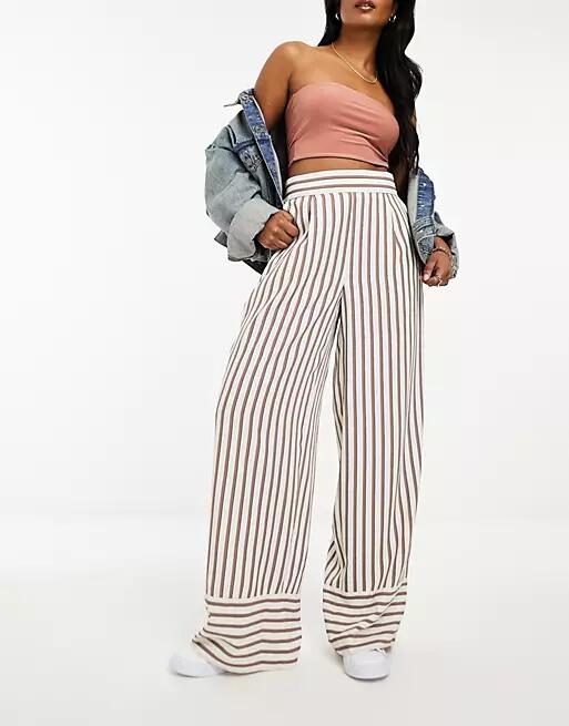 River Island wide leg stripe pants in cream-White Cover