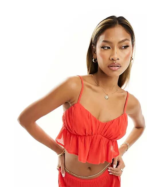 Kaiia textured shirred cami crop top in red - part of a set Cover