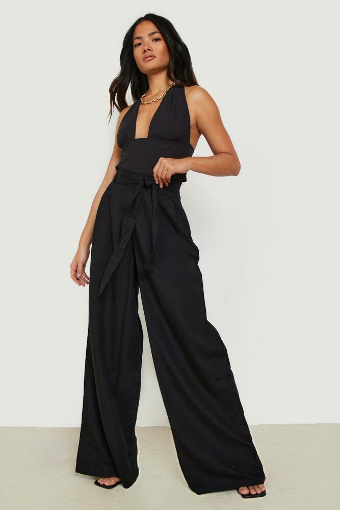 boohoo Womens Linen Belted Wide Leg Pants - Black Cover