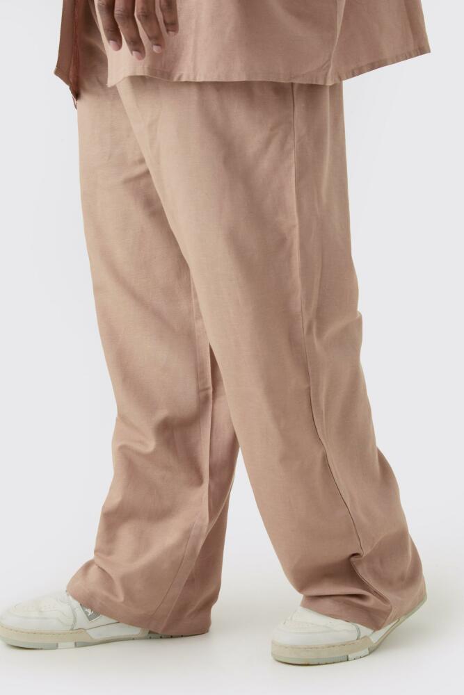 boohoo Mens Plus Elasticated Waist Relaxed Linen Pants In Taupe - Beige Cover