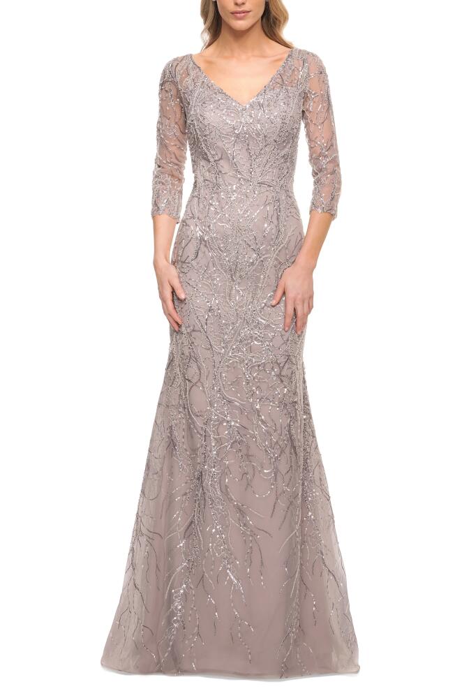 La Femme Beaded Lace Mermaid Gown in Lavender/Gray Cover