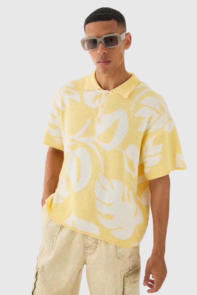 boohoo Mens Oversized Boxy Tonal Jacquard Floral Knit Polo - Yellow Cover