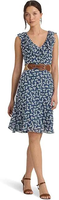 LAUREN Ralph Lauren Floral Ruffle-Trim Georgette Dress (Blue/Cream) Women's Clothing Cover