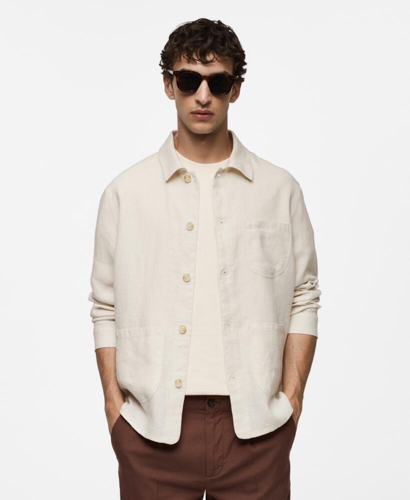 Mango Men's Linen Pockets Detail Overshirt - White Cover