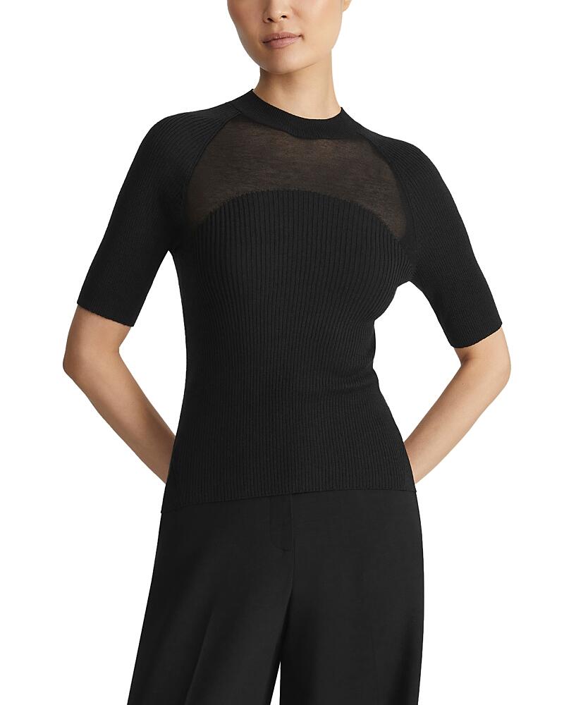 Lafayette 148 New York Wool Silk Ribbed Sheer Yoke Sweater Cover