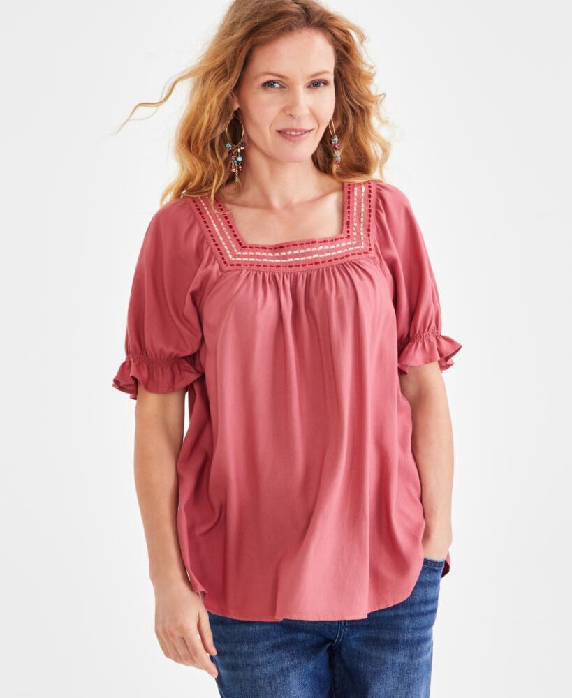 Style & Co Women's Crochet Square-Neck Puff-Sleeve Top, Created for Macy's - Strawberry Swirl Cover