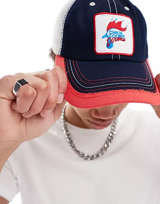 ASOS DESIGN trucker cap with fried chicken graphic in navy and red Cover